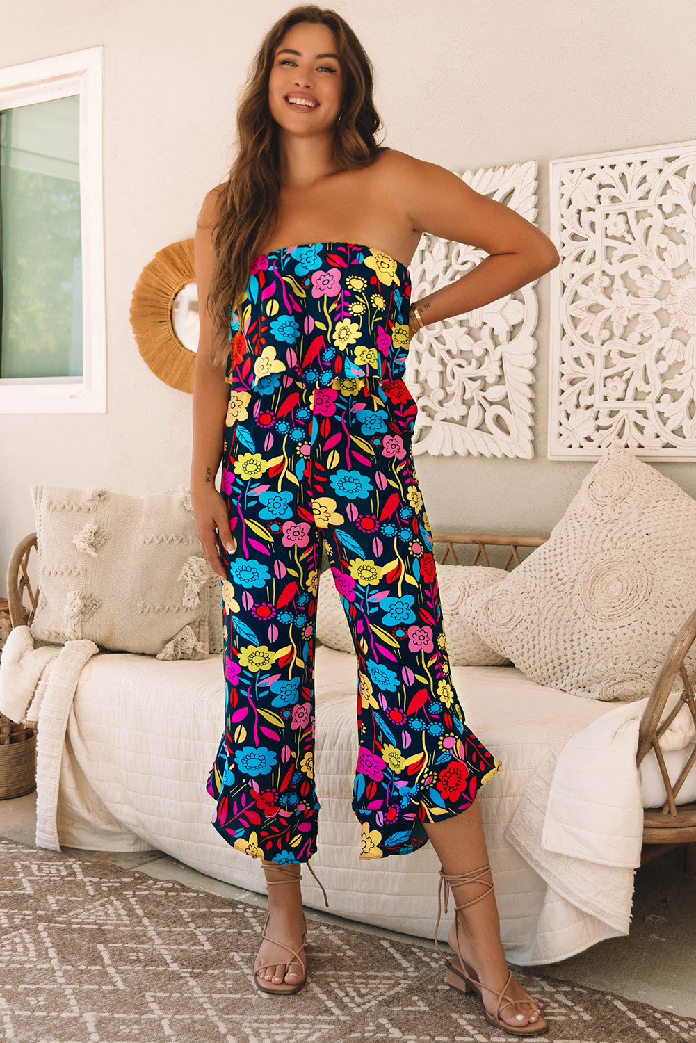 Red Mix Tropical Print Strapless Ruffled Jumpsuit - loveforevers