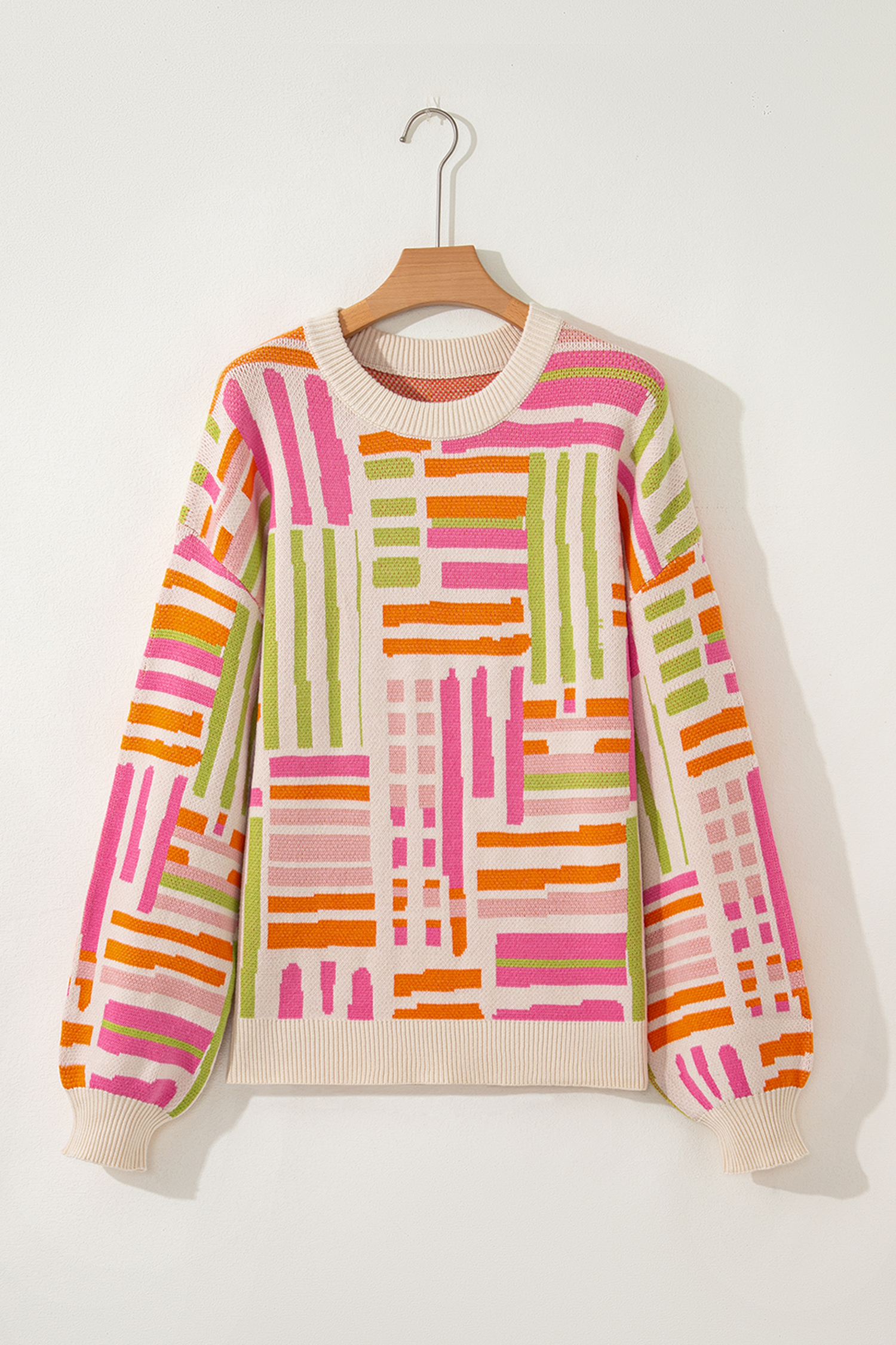 Rose Love Lines Pattern Crew Neck Puff Sleeve Sweater - loveforevers
