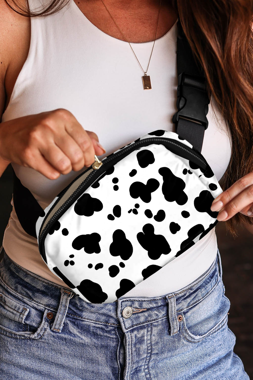 White Cow Pattern Print Buckle Wide Belt Inclined Shoulder Bag - loveforevers
