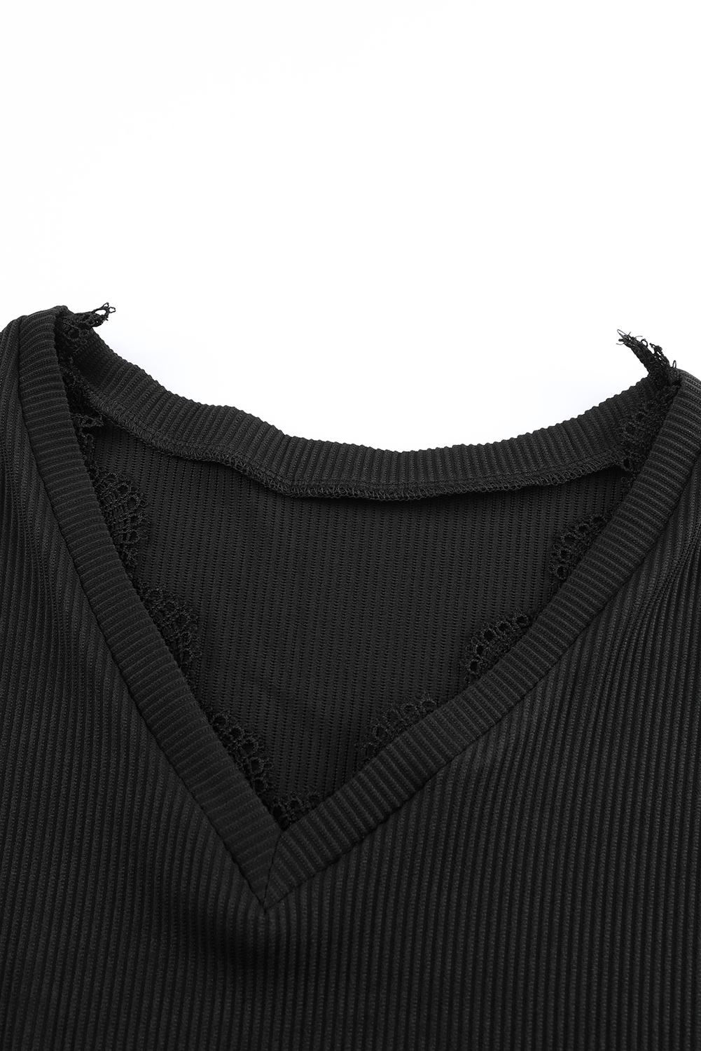 Black Ribbed Texture Lace Trim V Neck Long Sleeve Top - loveforevers