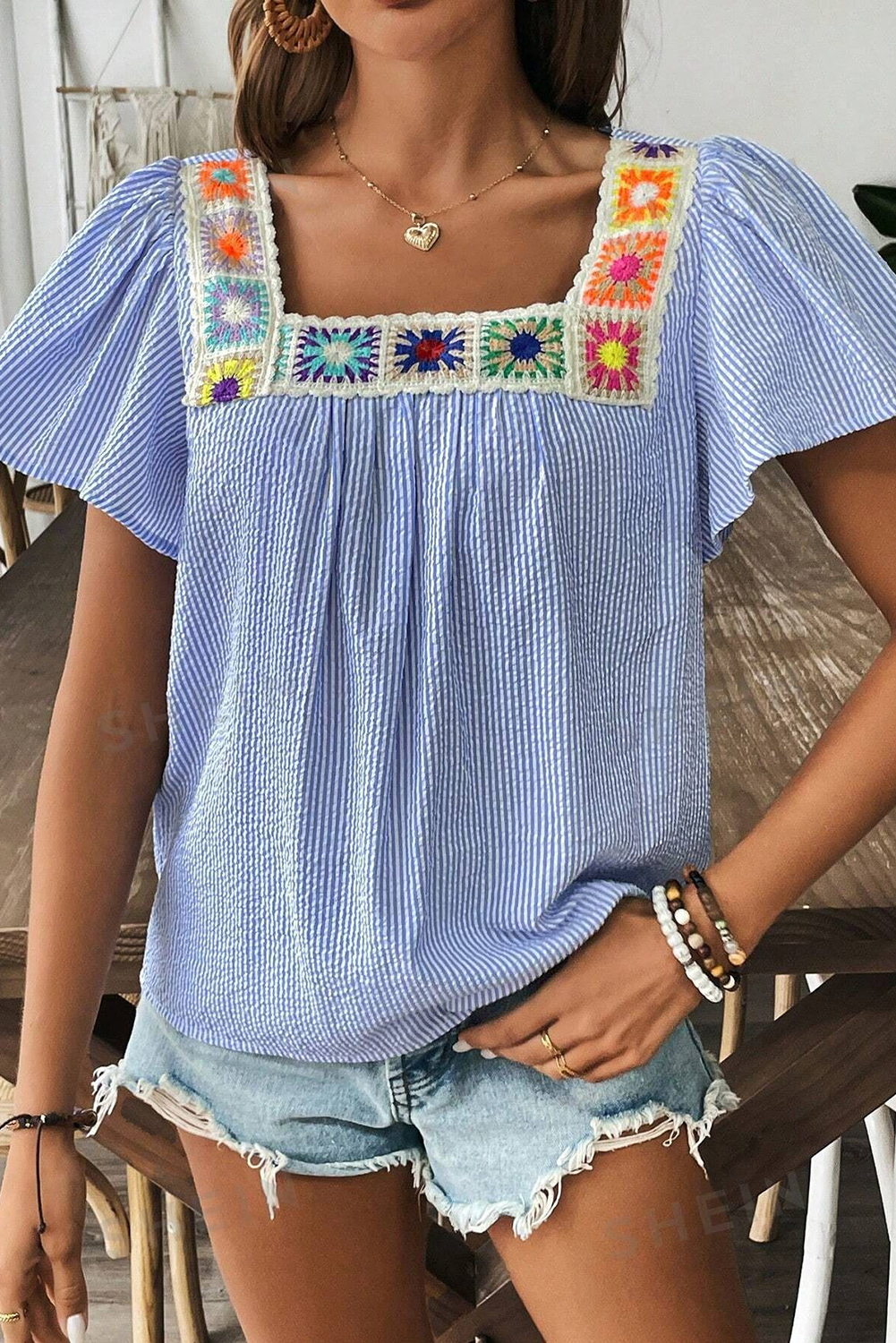 Sky Blue Stripe Textured Ruffle Short Sleeve Boho Detail Square Neck Blouse - loveforevers
