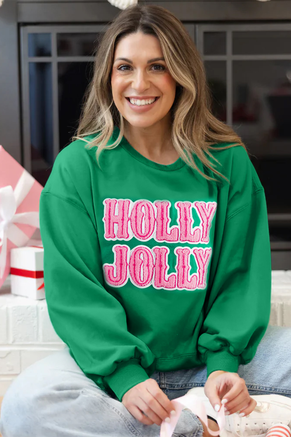 Sea Green HOLLY JOLLY Towel Embroidered Christmas Holiday Sweatshirt - loveforevers