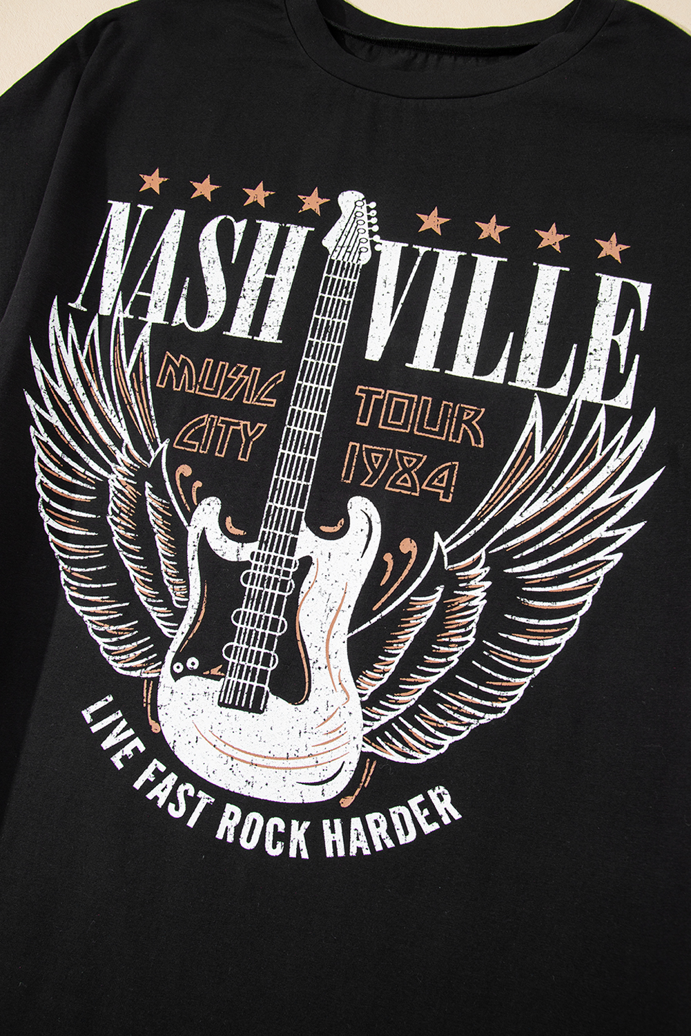 Black Nashville Guitar Print Crew Neck T Shirt Mini Dress - loveforevers