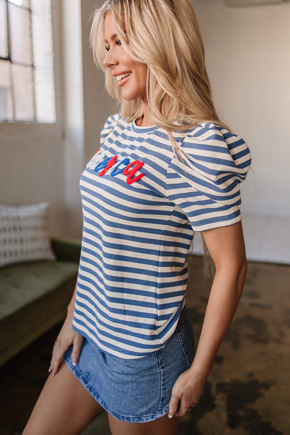 Blue Stripe America Cursive Graphic Puff Sleeve T-shirt - loveforevers