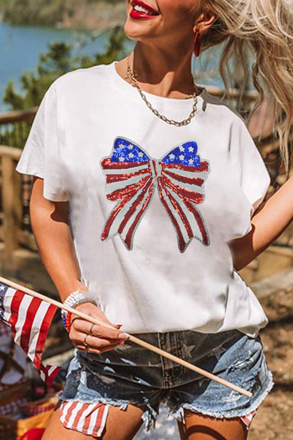 White USA Flag Bow Knot Patched Crew Neck T Shirt - loveforevers