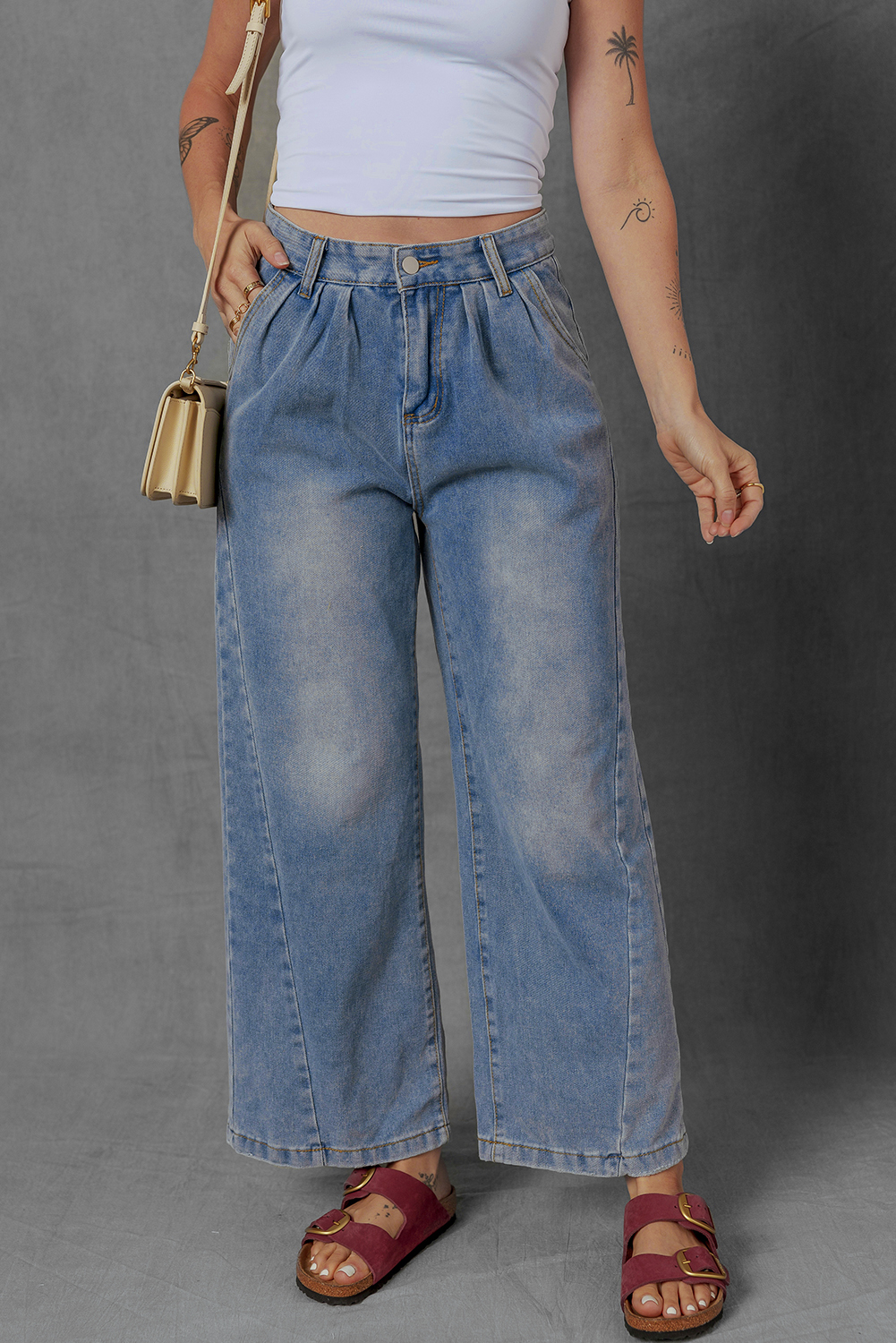 Ashleigh Blue Washed Pleated Detail Wide Leg Jeans - loveforevers