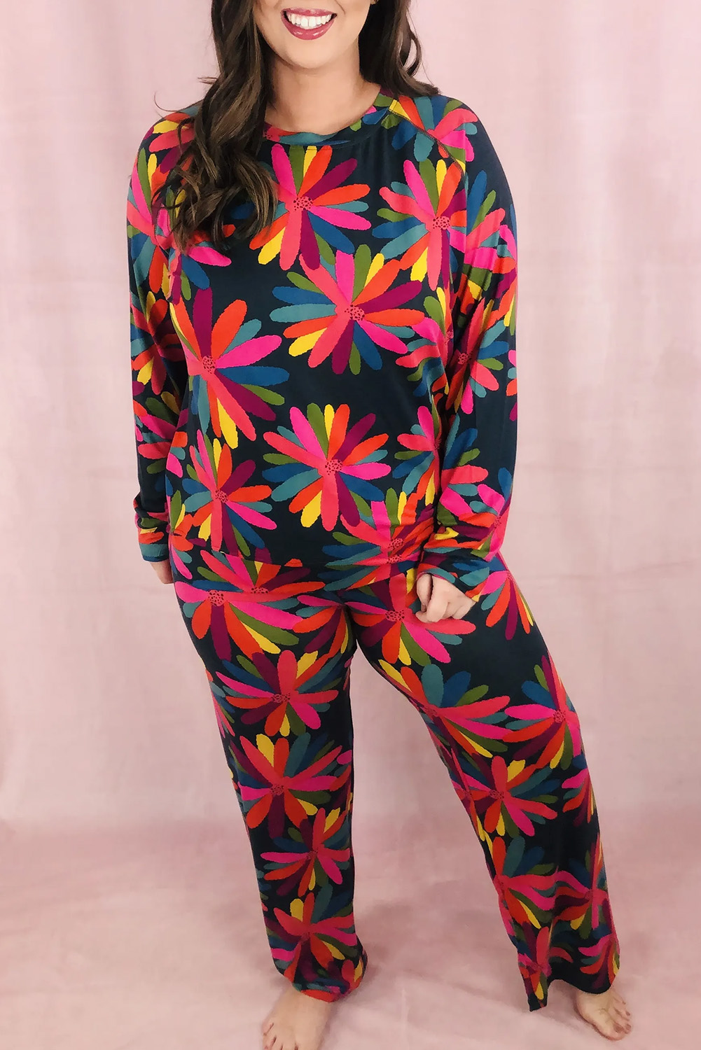 Black Plus Size Printed Long Sleeve and Pants Lounge Set - loveforevers