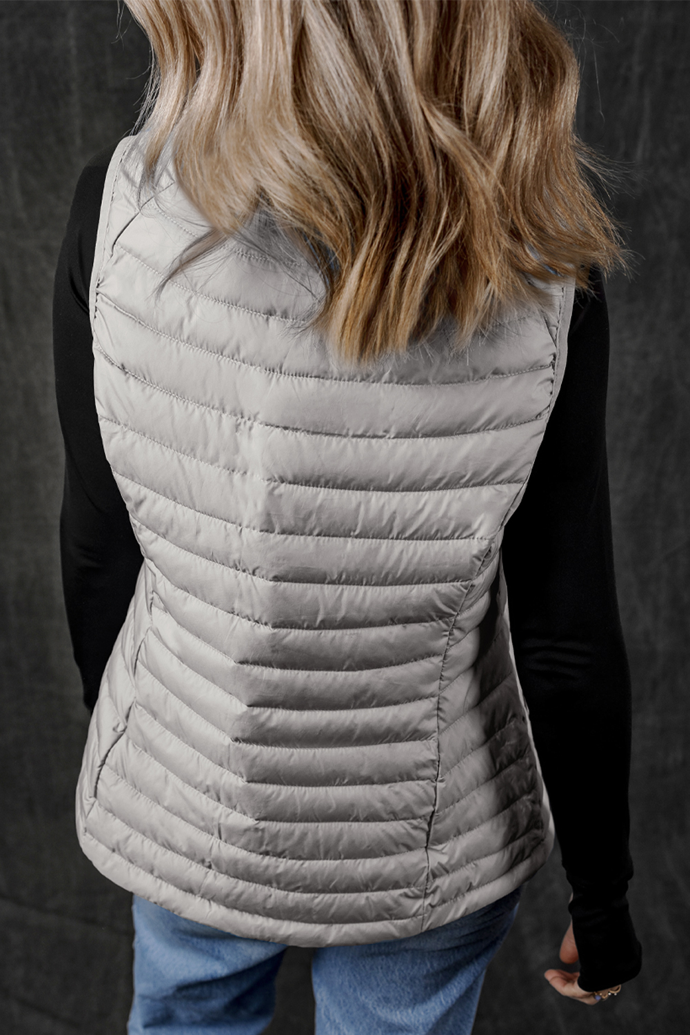 Silvery Plush Collared Quilted Zipped Puffer Vest - loveforevers