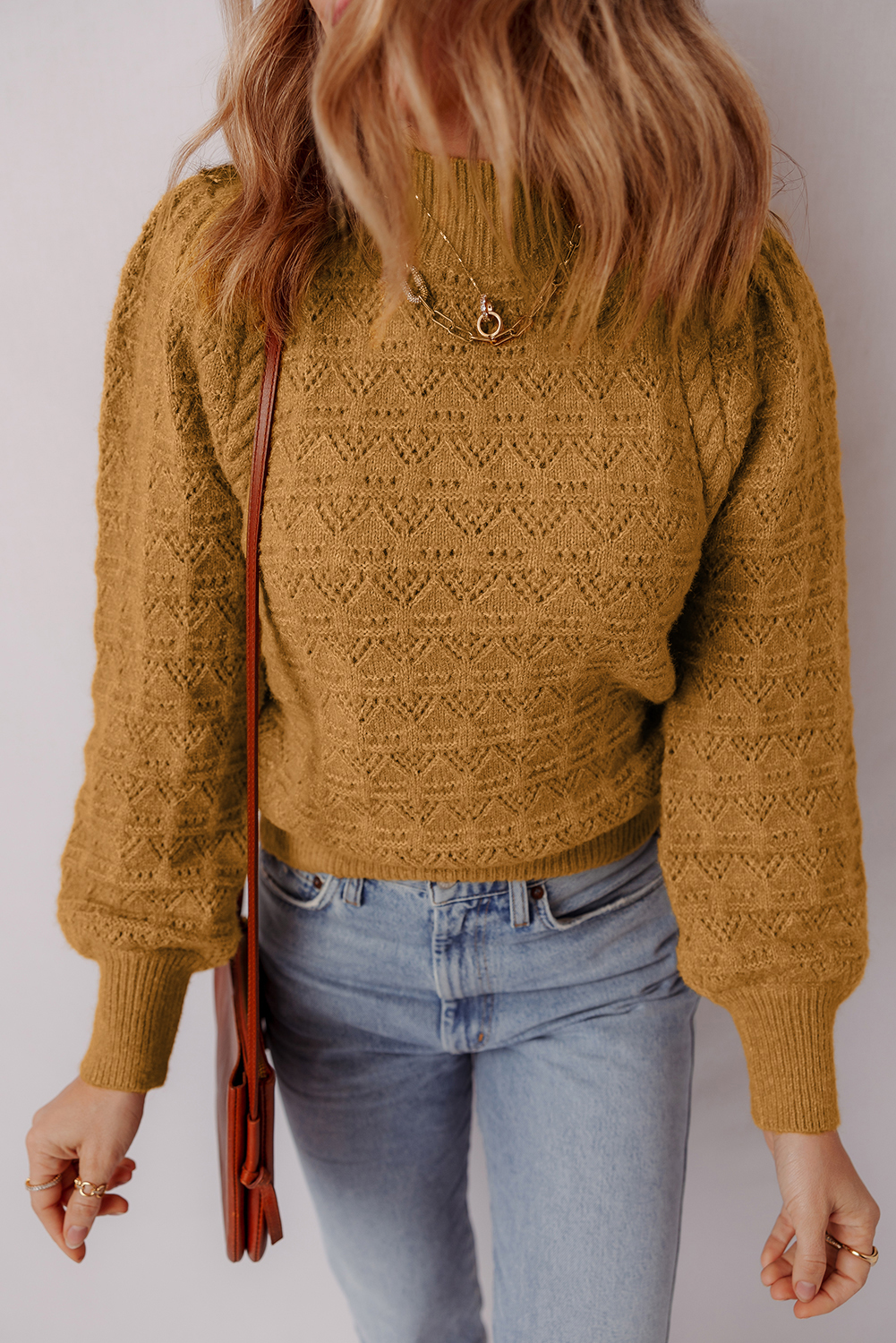 Jurassic Gold Hollow Out Crochet Ribbed Edge Balloon Sleeve Sweater - loveforevers