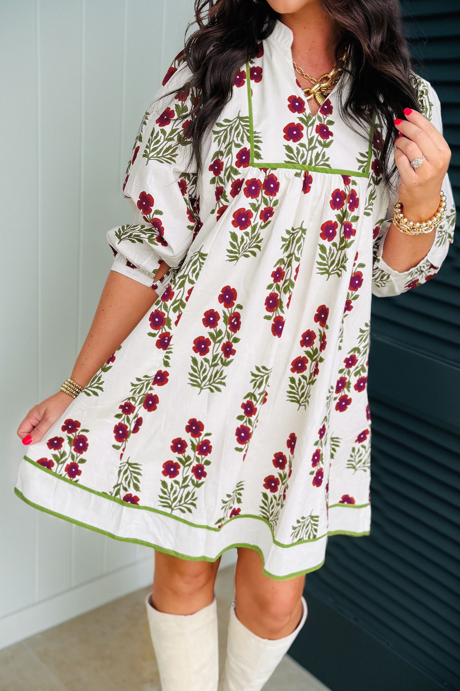 White Frilled V Neck 3/4 Sleeve Loose Floral Dress - loveforevers
