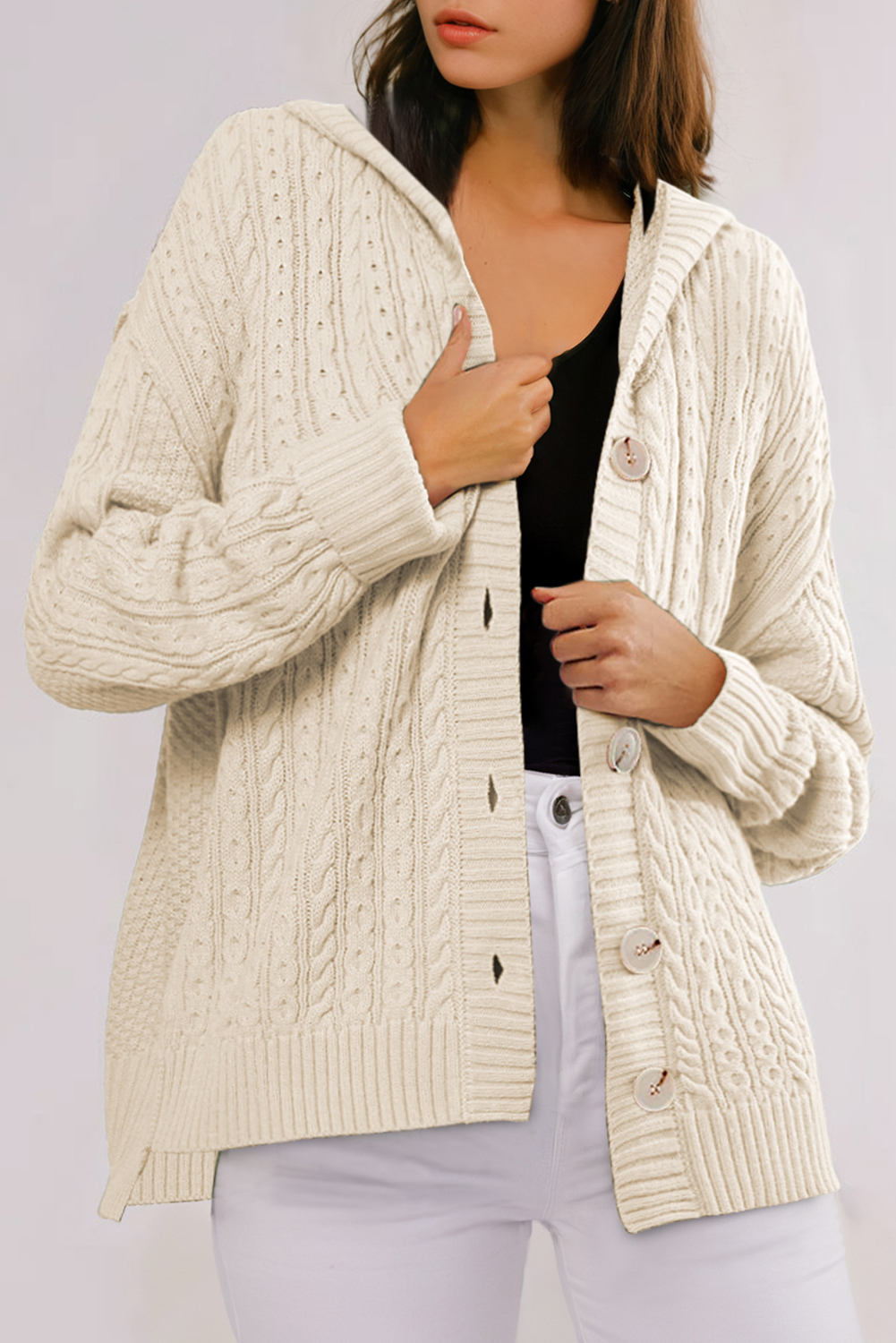 White Cable Knit Texture Uneven Hem Hooded Chic Cardigan - loveforevers