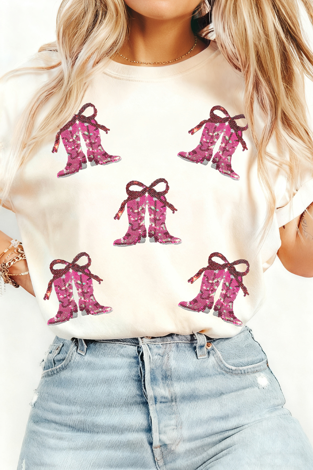 White Sequined Cowgirl Boots Patched Custom Print T Shirt - loveforevers