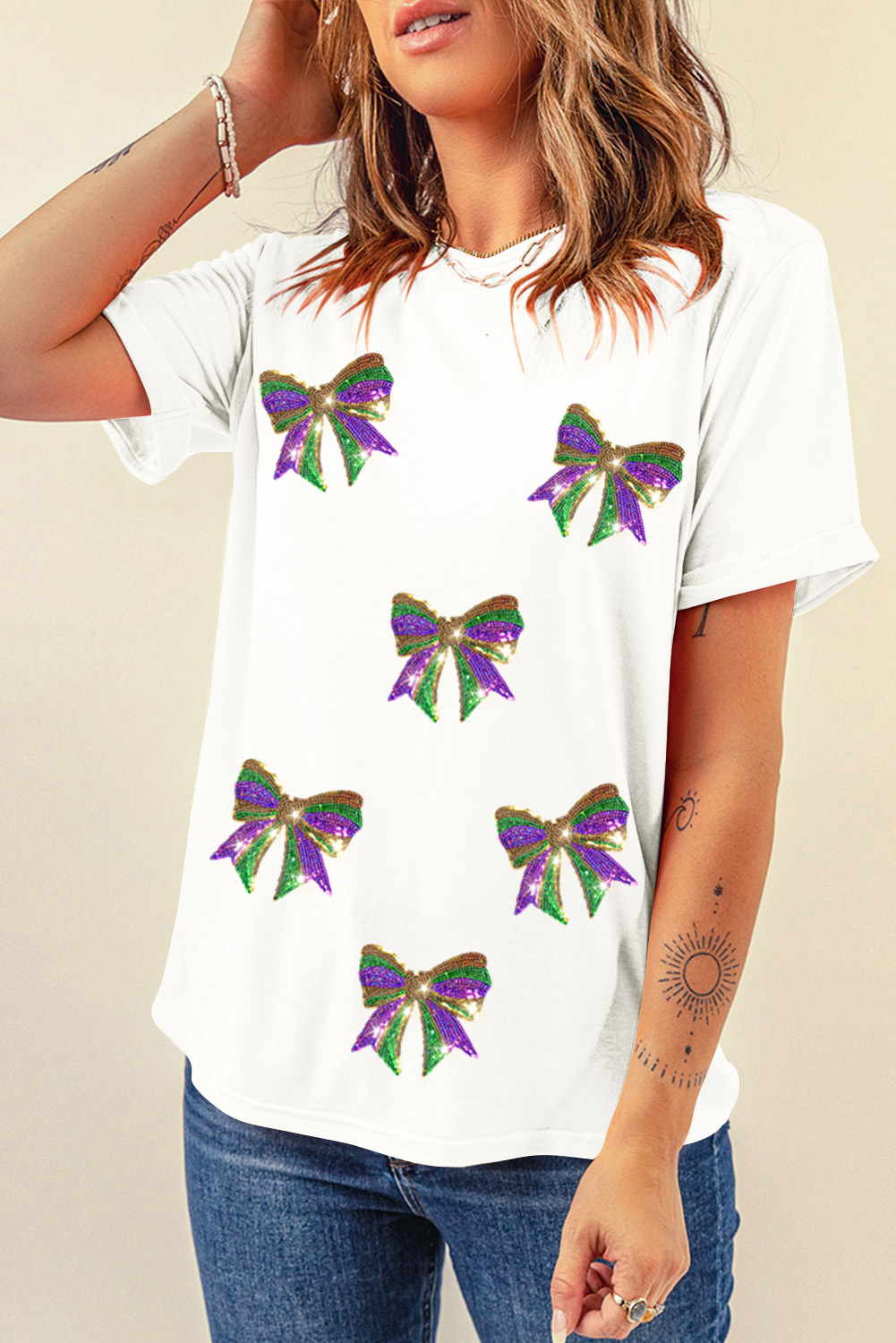 White Sequin Mardi Gras Bow Graphic Crewneck Tee - loveforevers