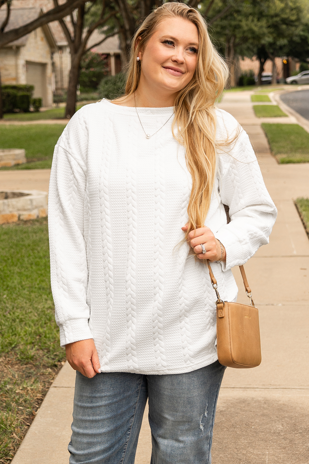 White Cable Textured Loose Plus Size Sweatshirt - loveforevers