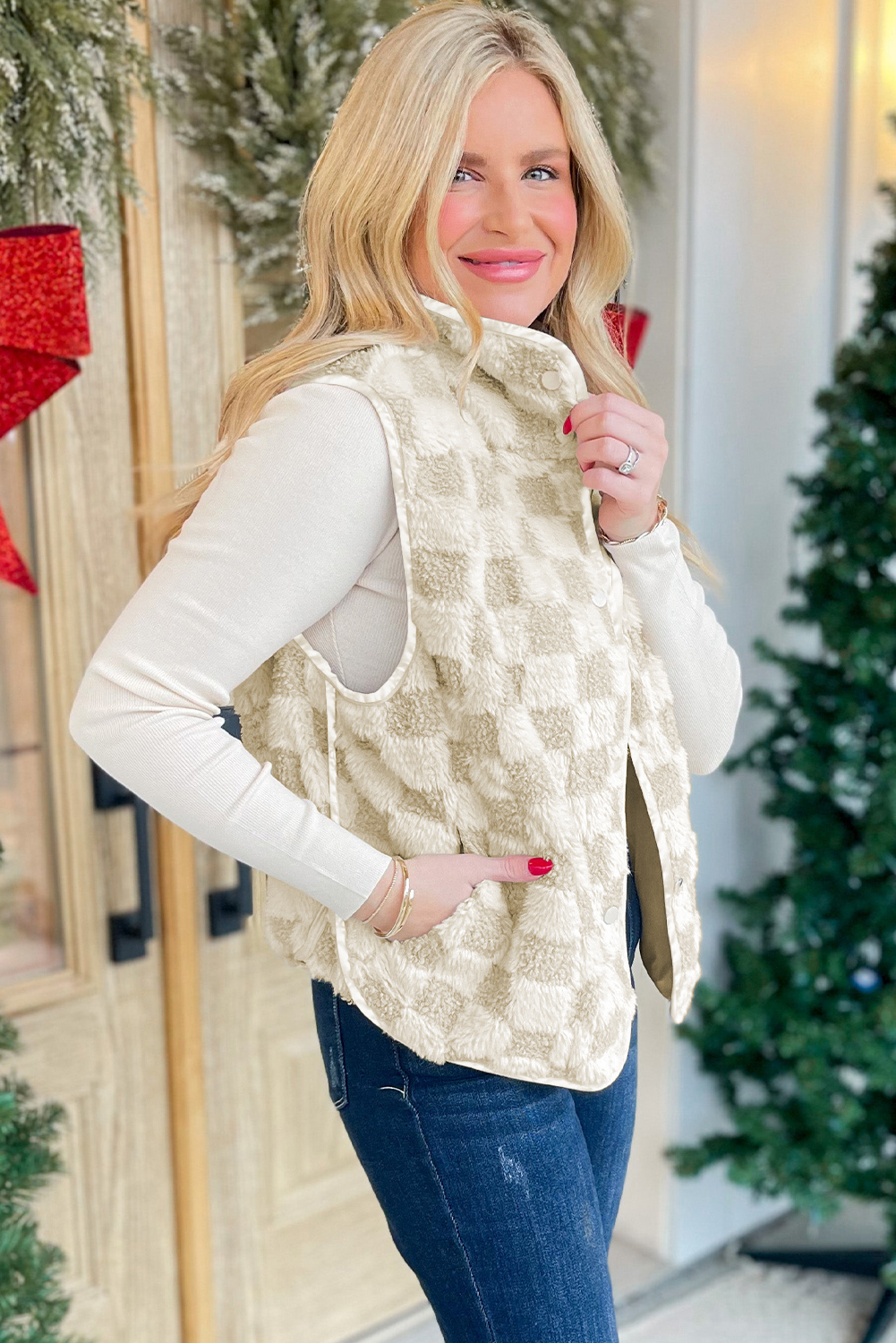 Khaki Sherpa Checkerboard Snap Button Vest Jacket With Pocket - loveforevers