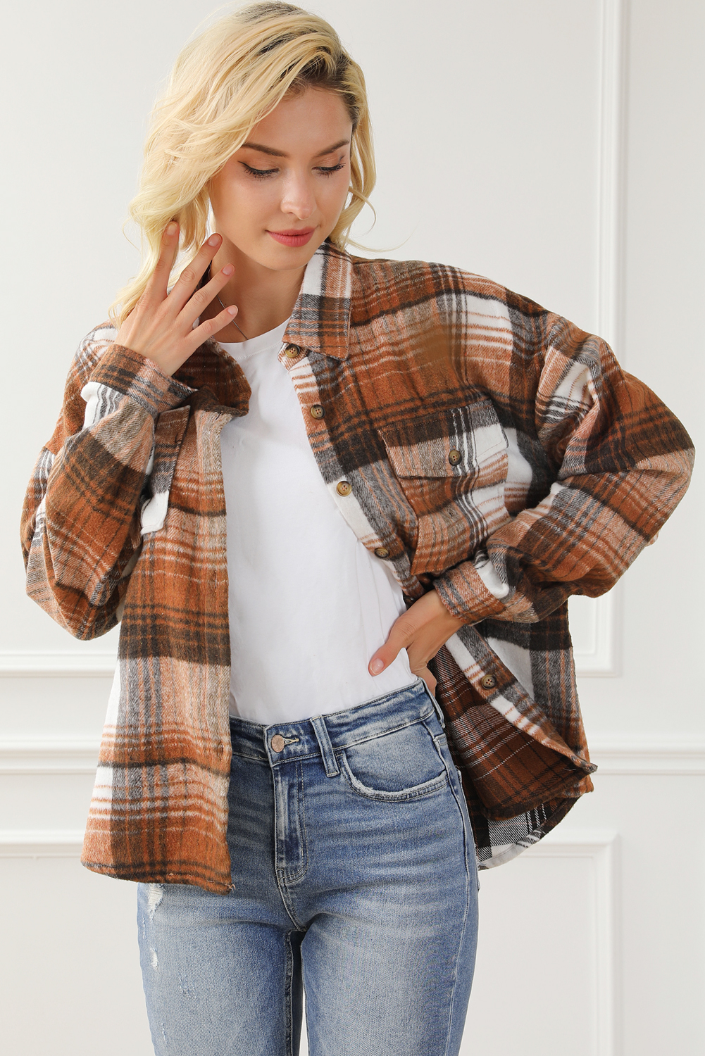Brown Plaid Flap Pockets Shacket - loveforevers