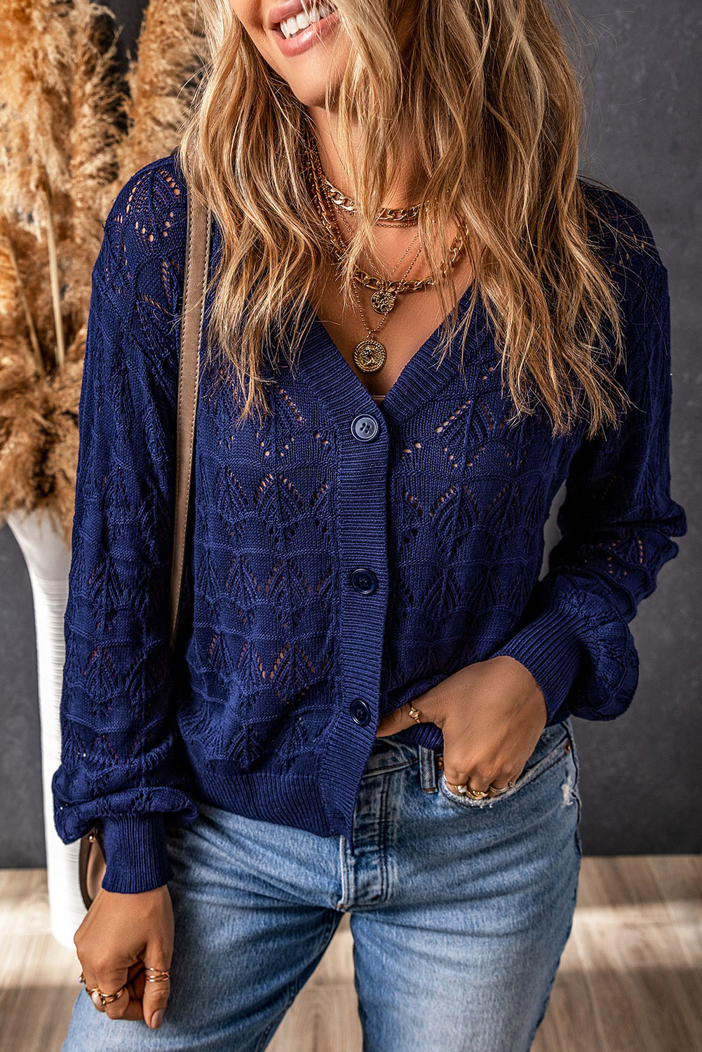 Fiery Red Lightweight Buttoned Front Crochet Cardigan - loveforevers