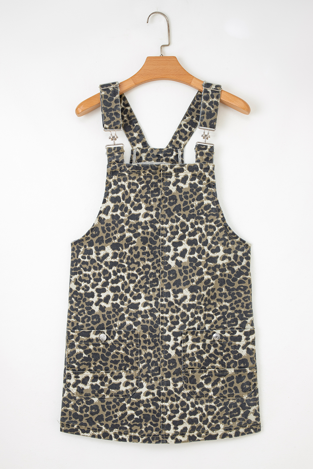 Gray Leopard Print Pocketed Loose Fit Denim Overall Dress - loveforevers