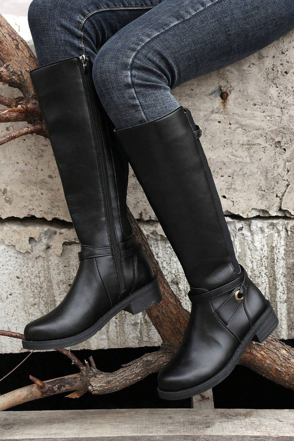 Black Side Zipper Knee High Chunky Low Heel Boots - loveforevers
