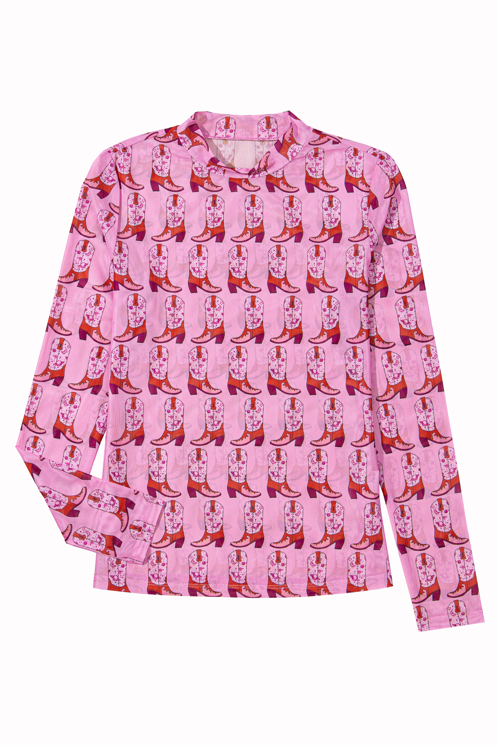 Pink Cowgirl Boots Printed Mock Neck Long Sleeve Mesh Top - loveforevers