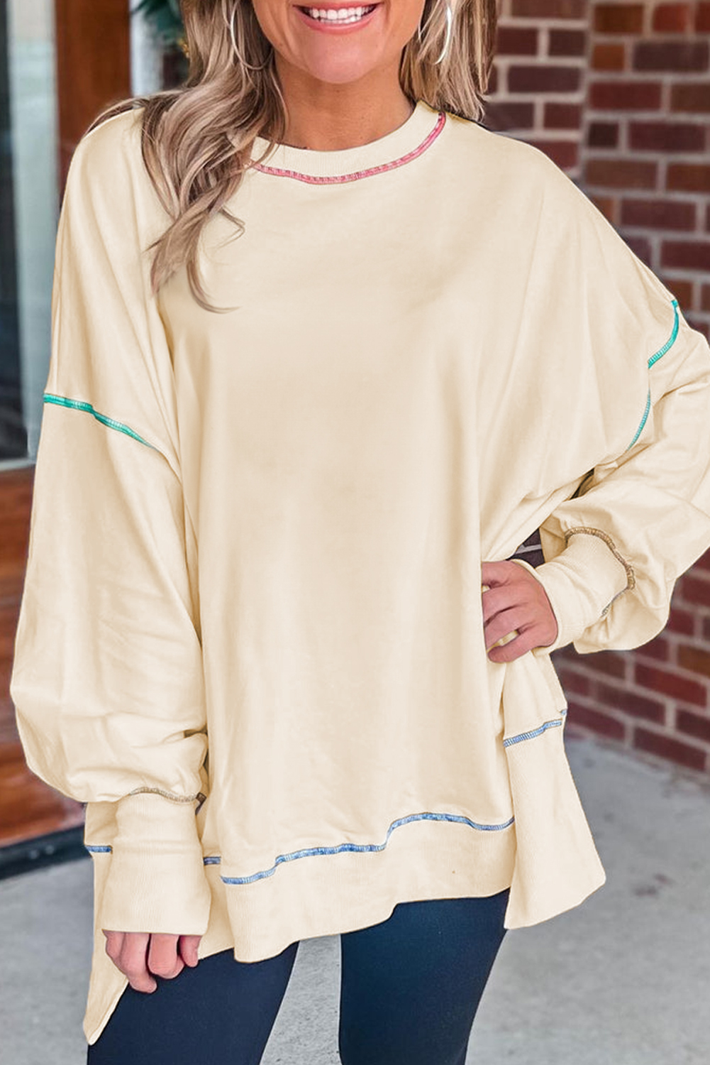 Contrast Stitching Split Baggy Sweatshirt - loveforevers