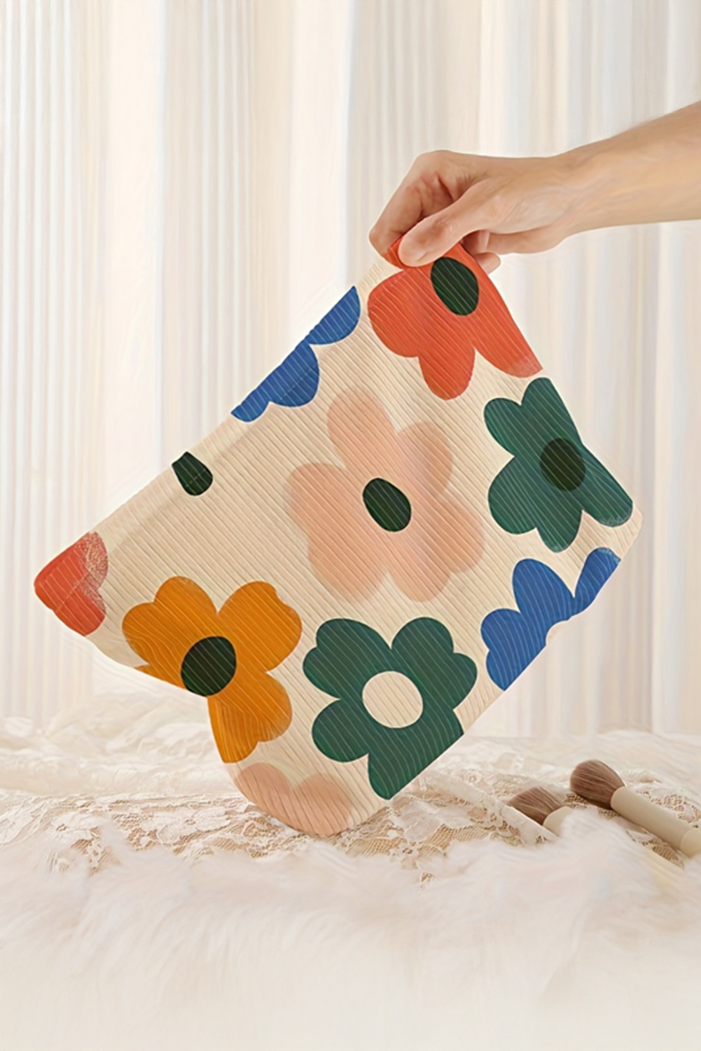 White Floral Print Corduroy Minimalist Storage Bag - loveforevers