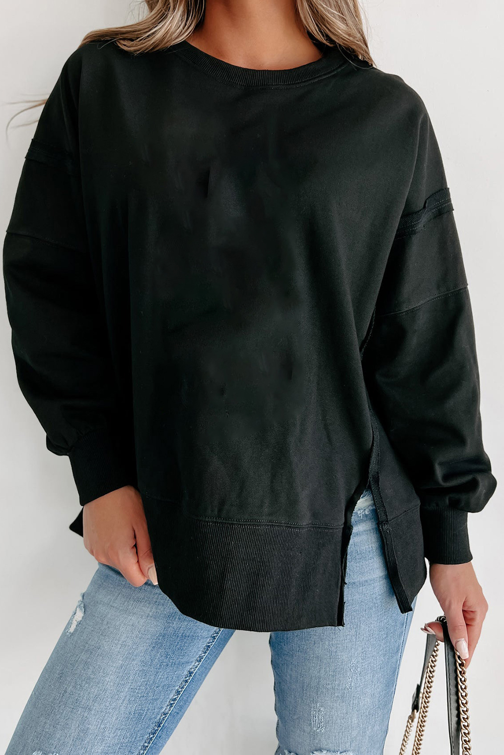 Black Exposed Seam Drop Shoulder Round Neck Sweatshirt with Slits - loveforevers