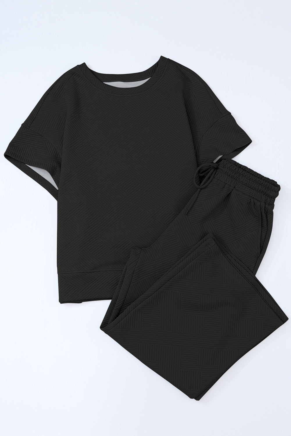Dark Green Textured Loose Fit T Shirt and Drawstring Pants Set - loveforevers