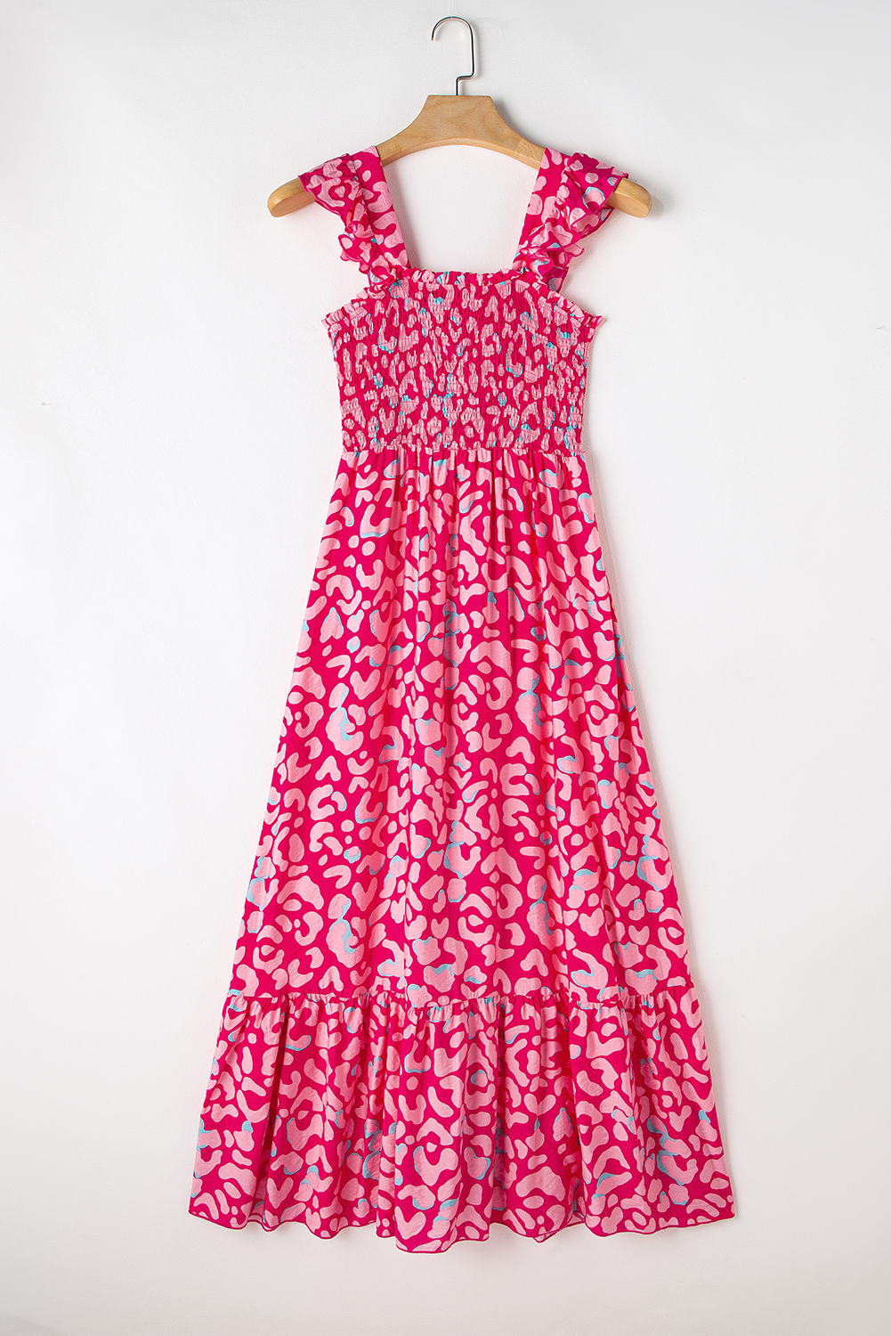 Pink Leopard Ruffle Straps Smocked High Waist Long Dress - loveforevers
