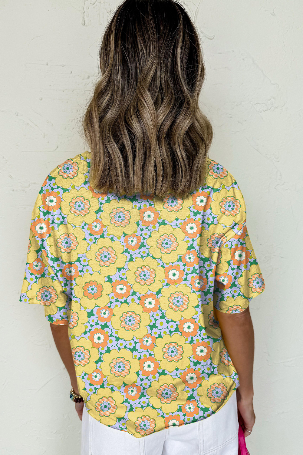 Yellow Summer Flower Printed Drop Shoulder Loose T Shirt - loveforevers