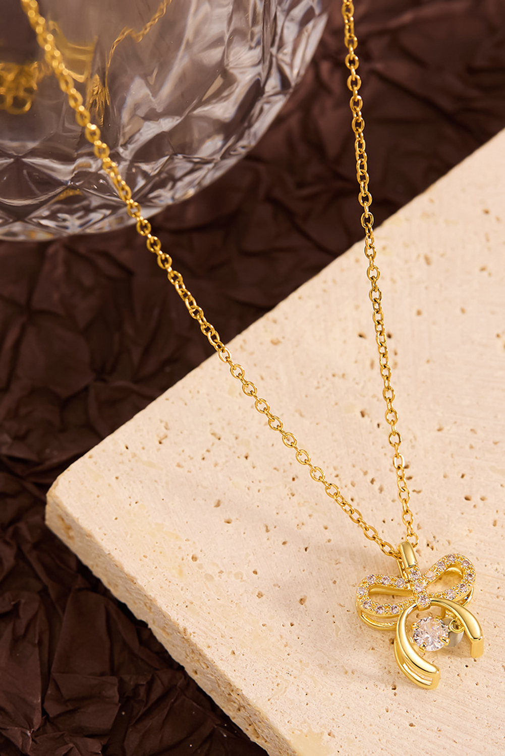 Gold Rhinestone Bow Knot Pendant Plated Alloy Necklace - loveforevers