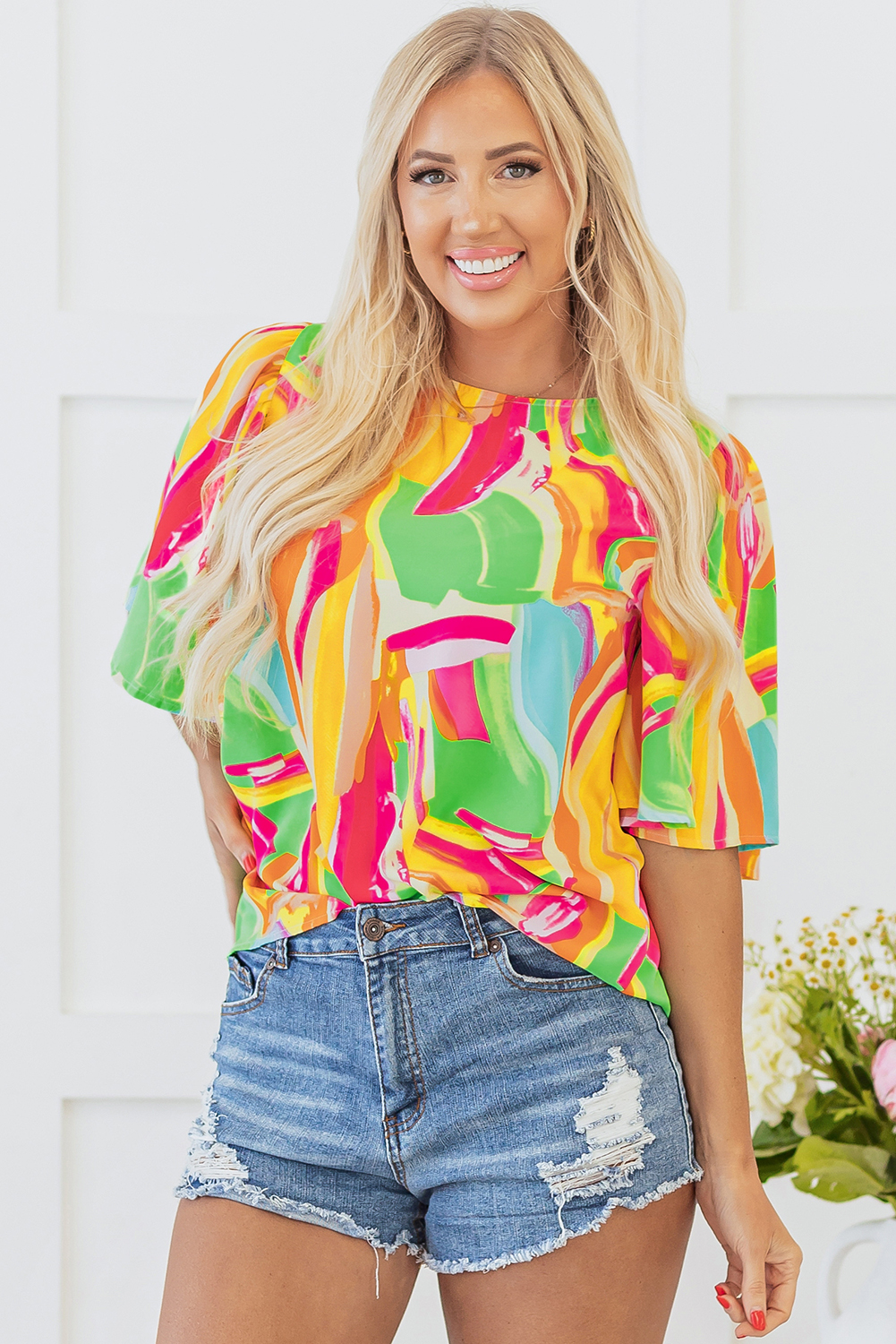 Multicolour Abstract Print Keyhole Back Pleated Half Sleeve Blouse - loveforevers