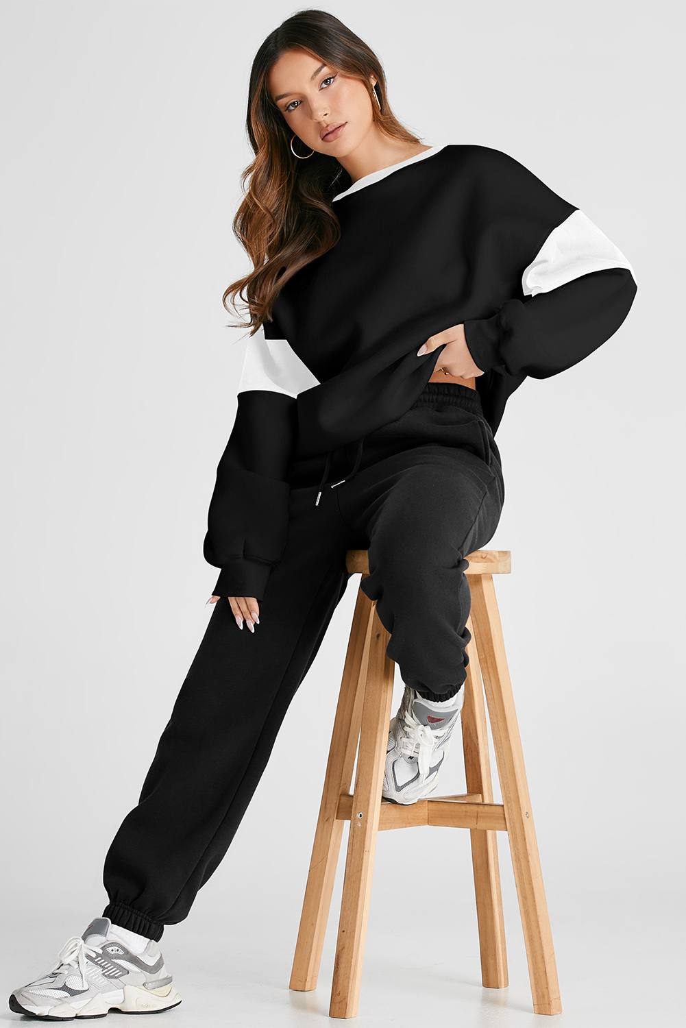 Black Drop Shoulder Loose Sweatshirt and Joggers Active Set - loveforevers
