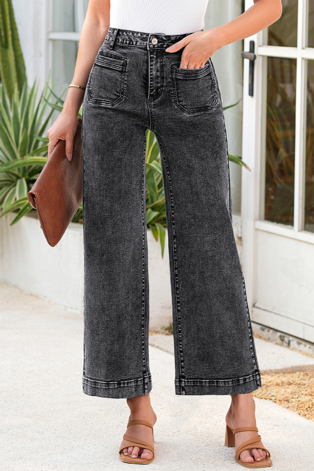 Light Blue Chic Patch Pocket Straight Leg Loose Jeans - loveforevers