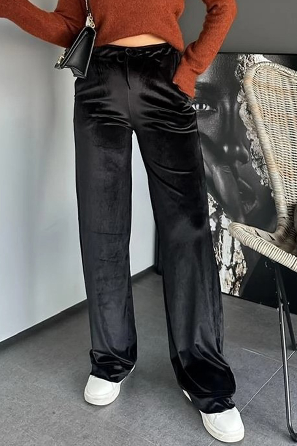 Black Shiny Velvet Drawstring High Waist Straight Leg Casual Pants - loveforevers