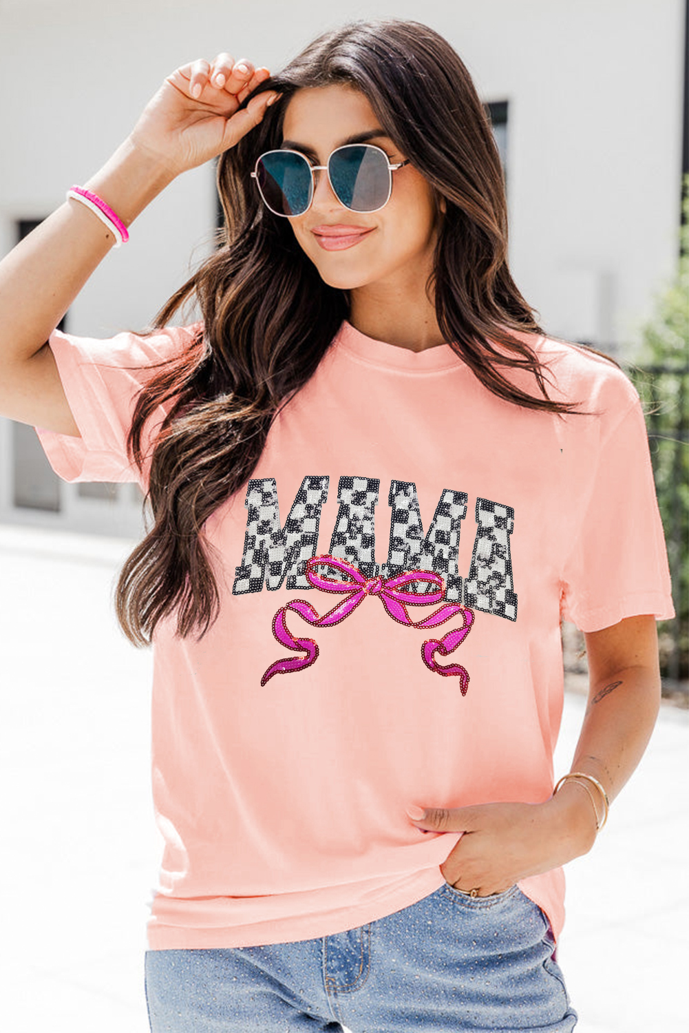 Pink Sequin Checkered MAMA Bow Graphic T Shirt - loveforevers
