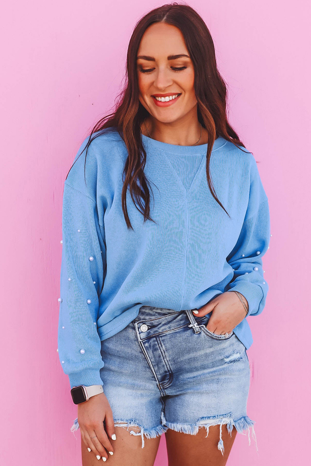 Myosotis Pearled Sleeves Drop Shoulder Round Neck Pullover Sweatshirt - loveforevers