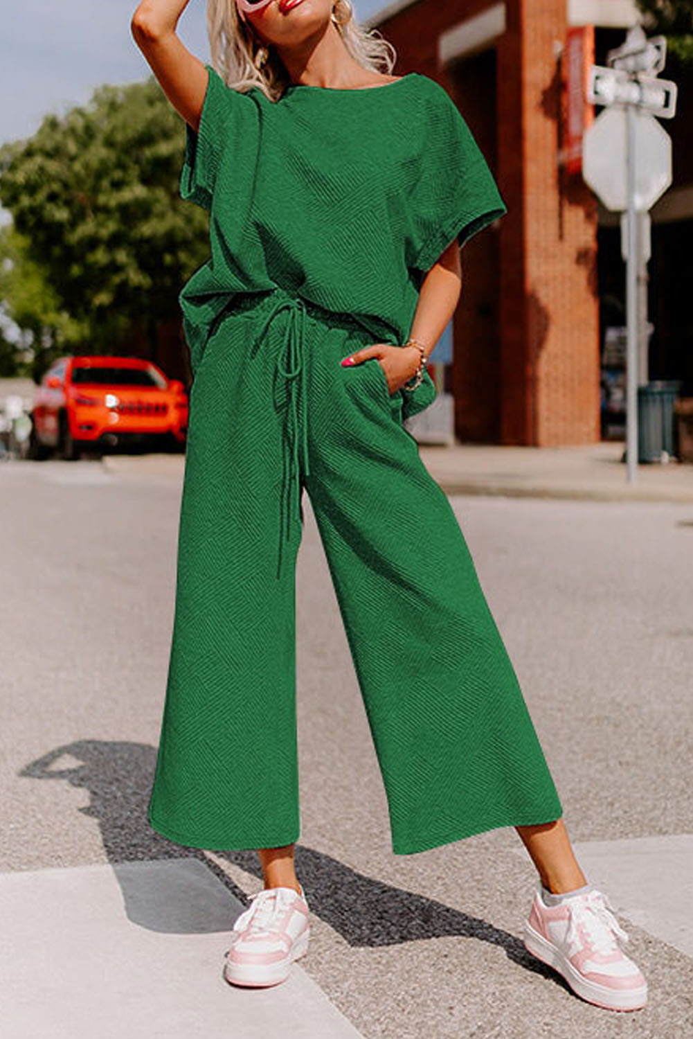 Dark Green Textured Loose Fit T Shirt and Drawstring Pants Set - loveforevers
