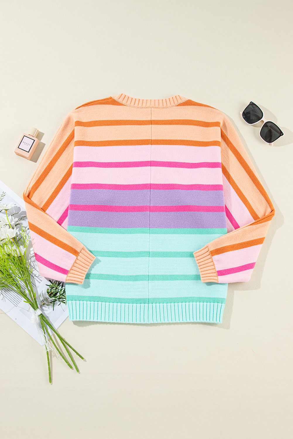 Yellow Stripe Gradient Striped Ribbed Edge Loose Sweater - loveforevers