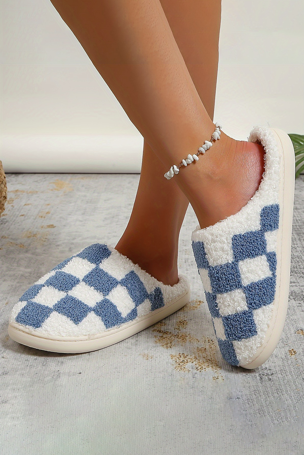 Fiery Red Checkered Print Fuzzy Slip On Winter Slippers - loveforevers