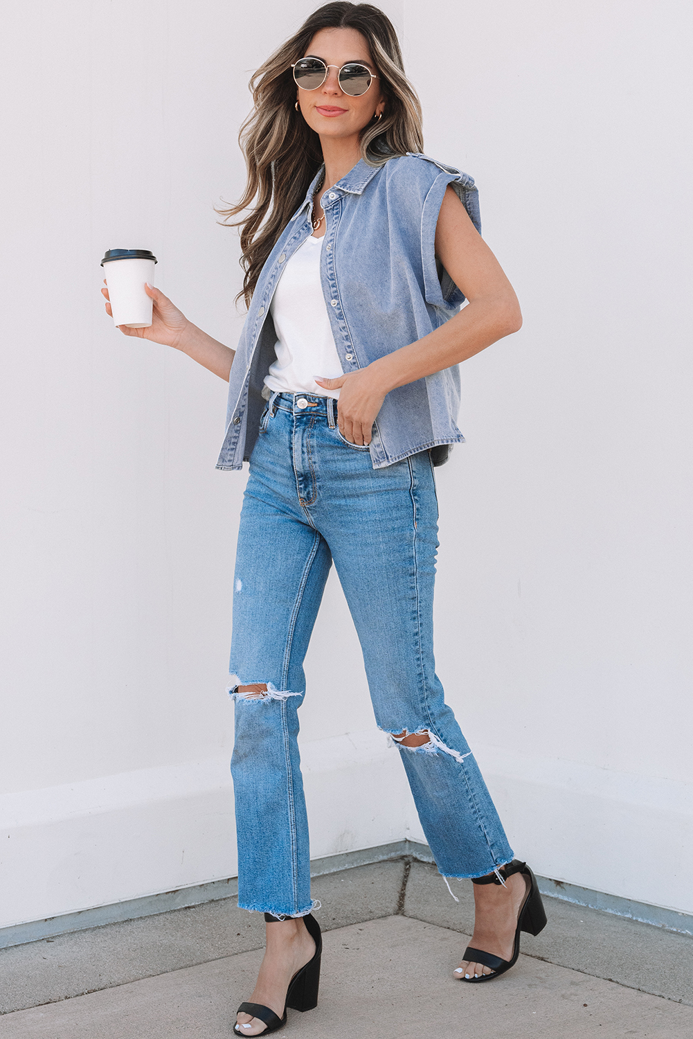 Dusk Blue Denim Pinup Folded Cap Sleeve Shirt - loveforevers