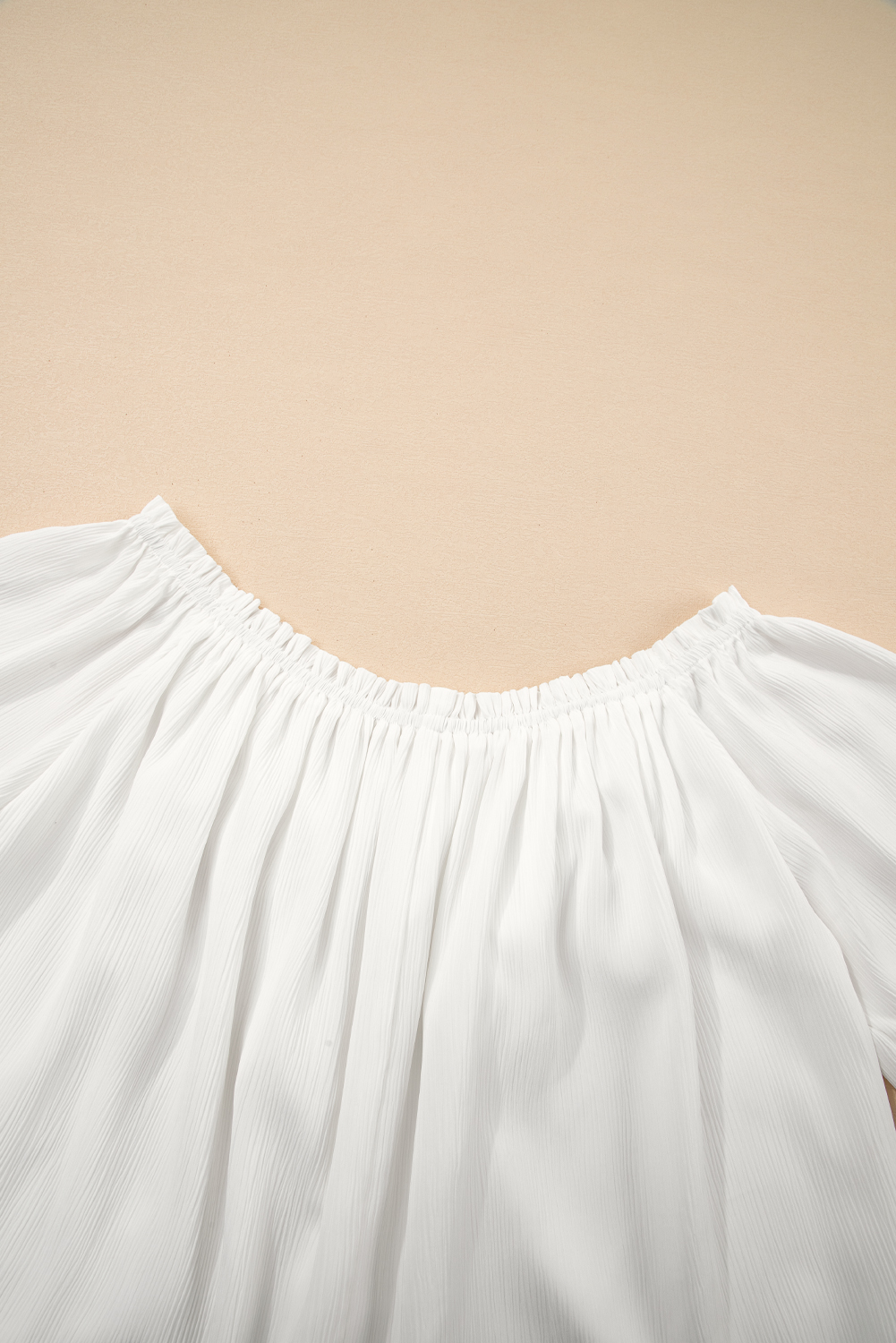 White Frilly Off Shoulder Lace Insert Sleeve Textured Blouse - loveforevers