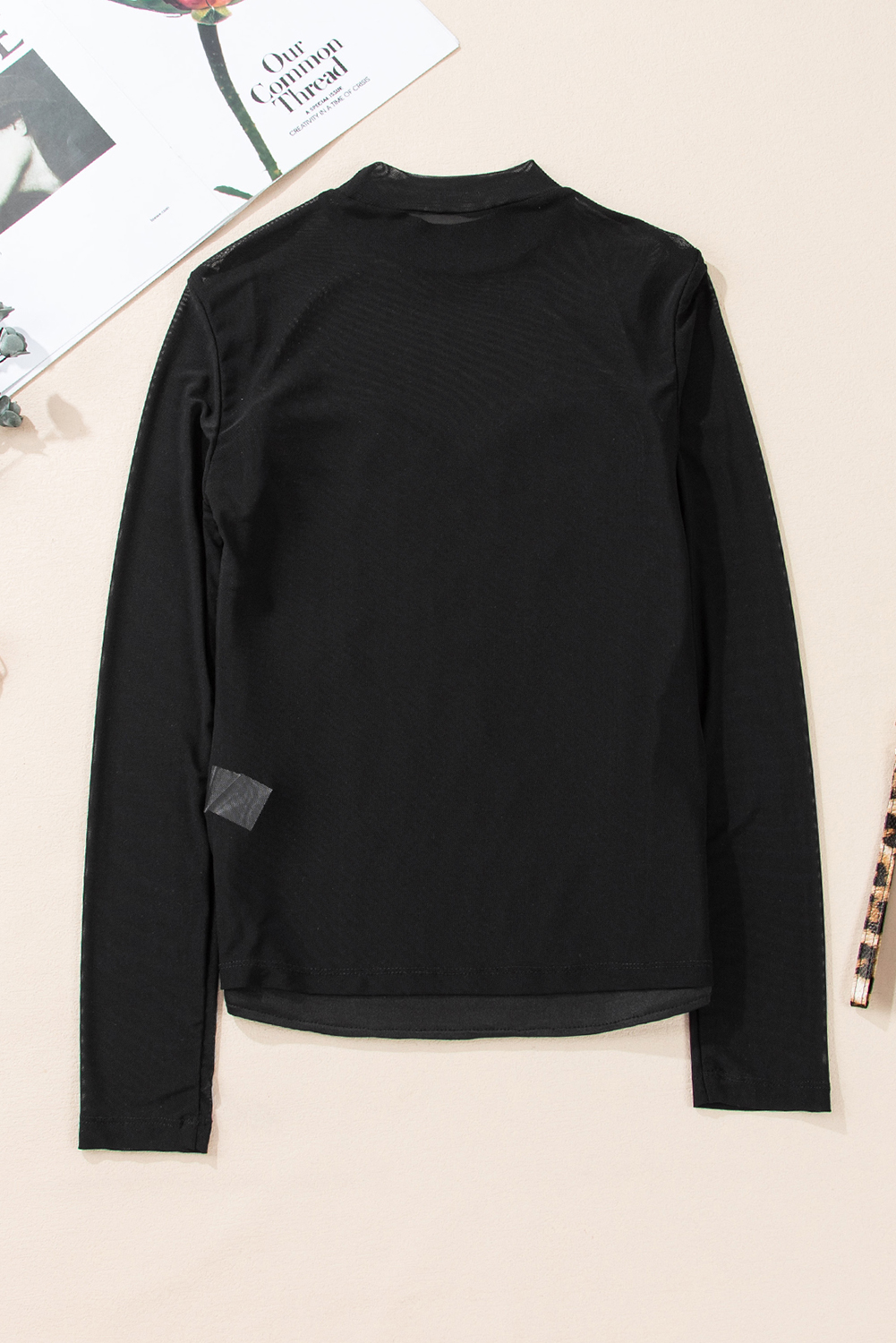 Black Sequin Velvet Sheer Mesh Mock Neck Blouse - loveforevers