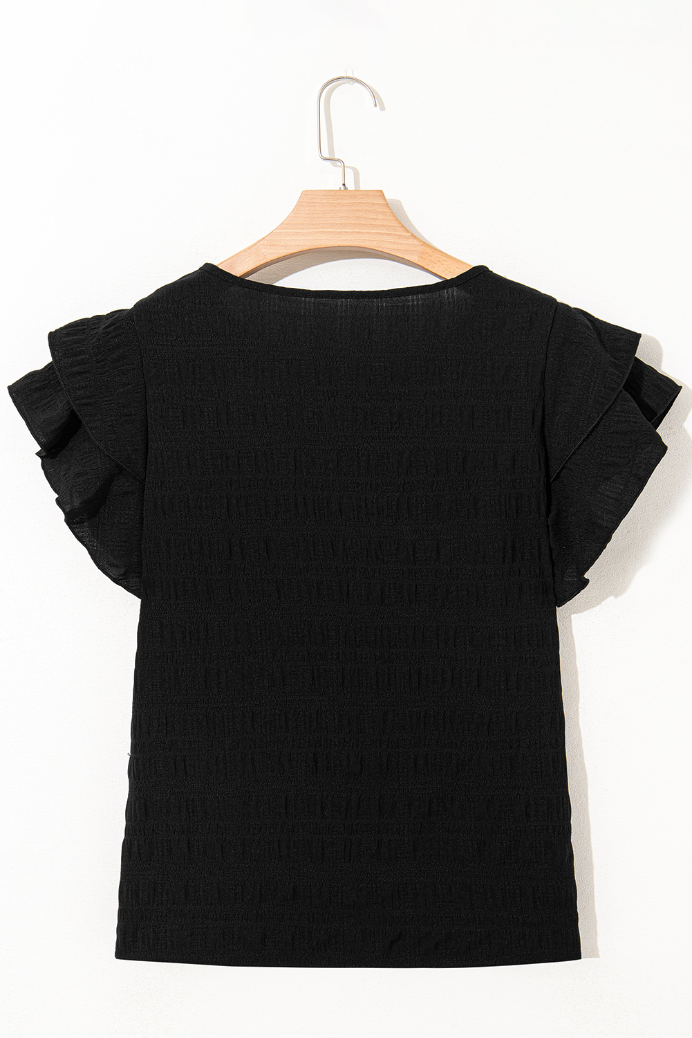 Dark Green Textured Ruffled Sleeve Round Neck Top - loveforevers