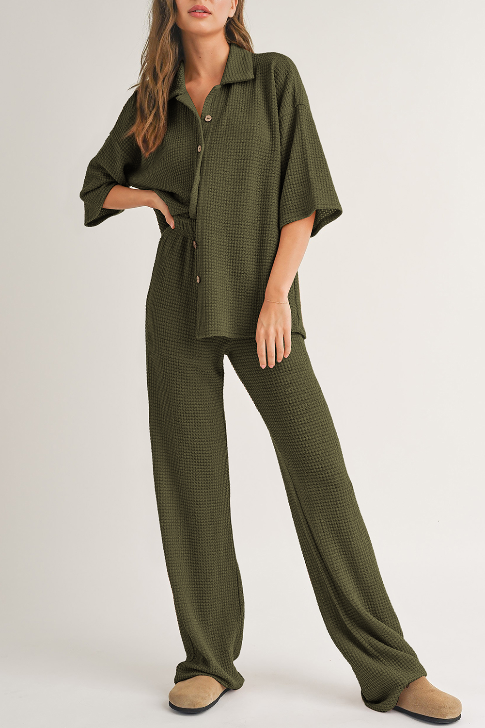Four Leaf Clover Solid Color Textured Buttoned Shirt and Casual Pants Set - loveforevers