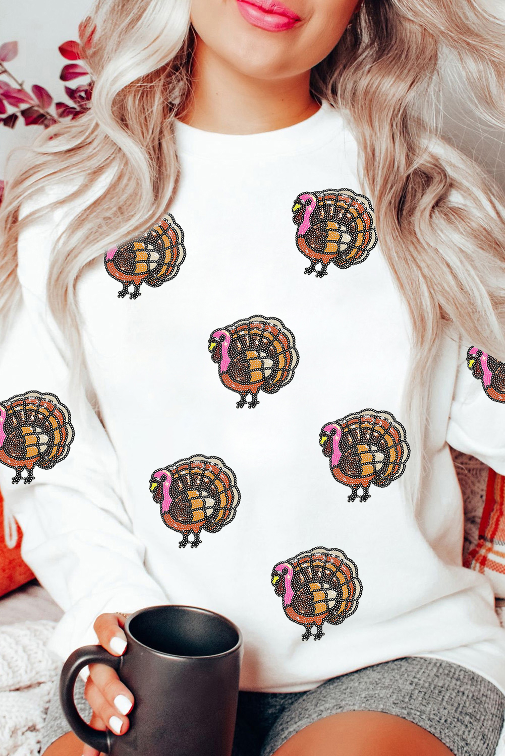 White Thanksgiving Turkey Sequin Patched Pullover Sweatshirt - loveforevers