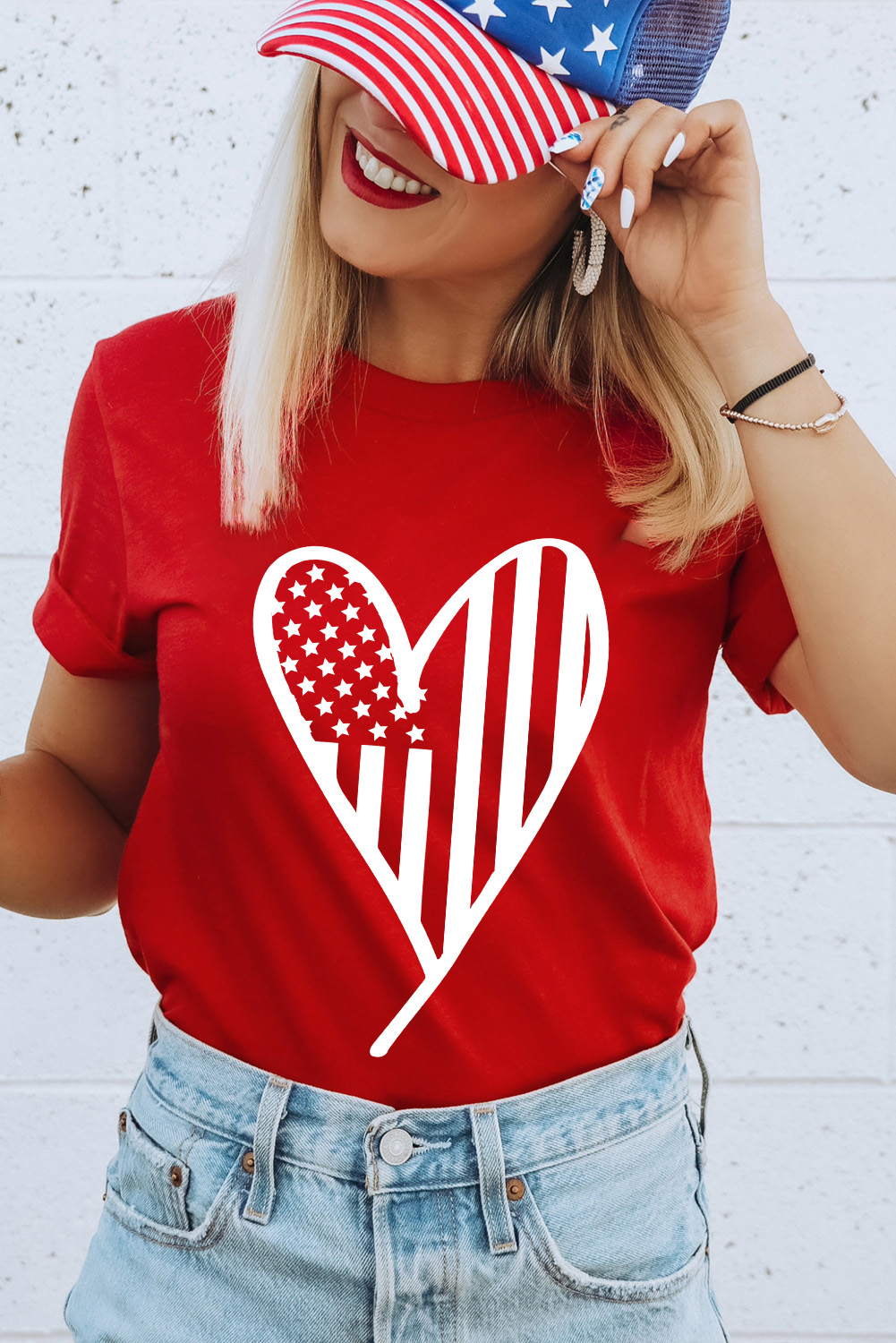 Red USA Flag Heart Shape Crewneck Graphic T Shirt - loveforevers