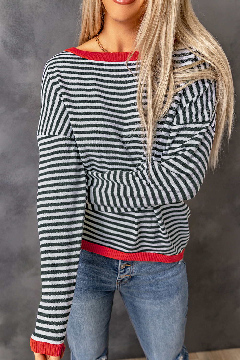 Fiery Red Striped Contrast Trimmed Drop Shoulder Sweater - loveforevers