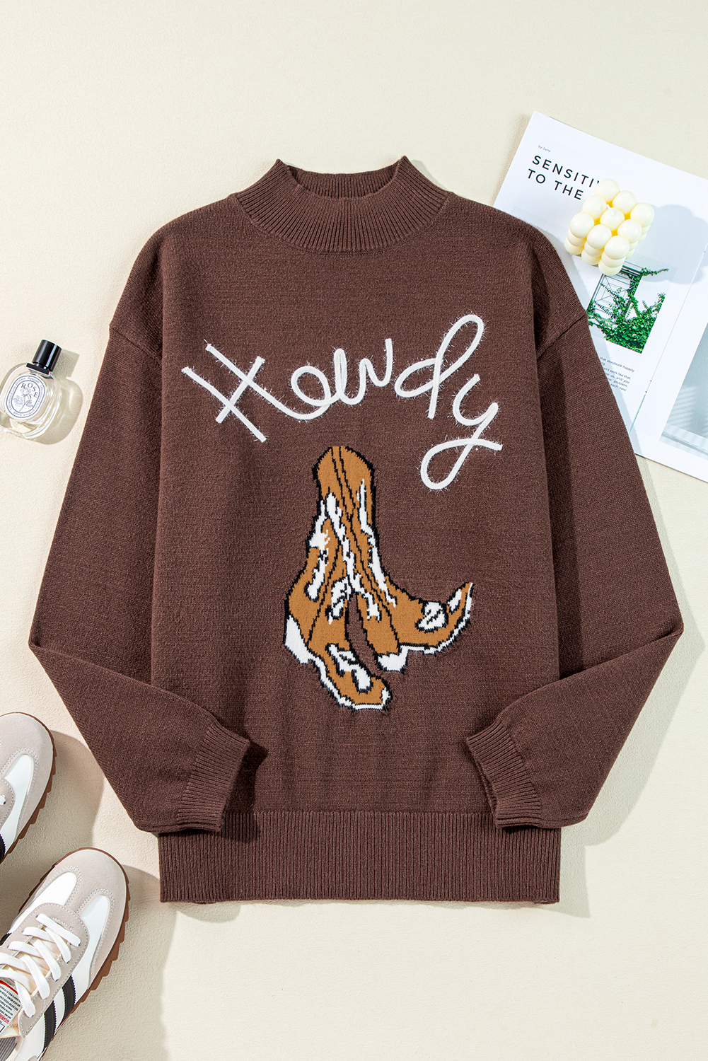 Coffee Western Howdy Boot Graphic High Neck Sweater - loveforevers