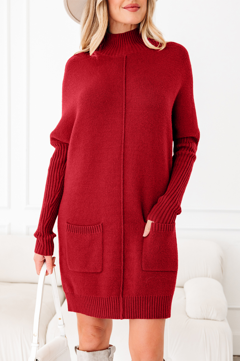 Fiery Red Ribbed High Neck Front Pockets Center Seam Shift Sweater Dress - loveforevers